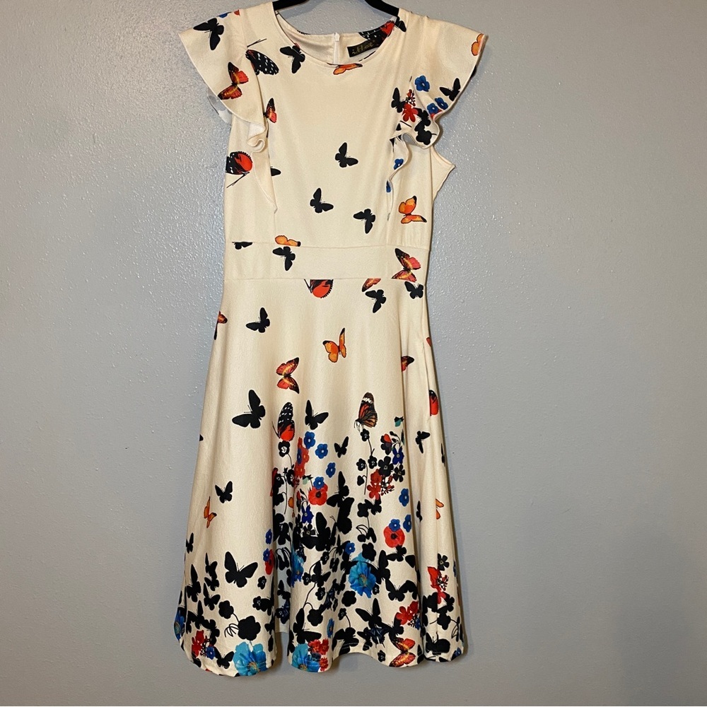 iHot Cream Butterfly Print Dress